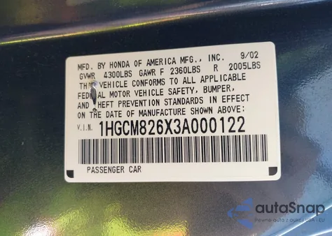 2003 Honda Accord 3.0 Ex from USA, damaged, VIN 1HGCM826X3A000122